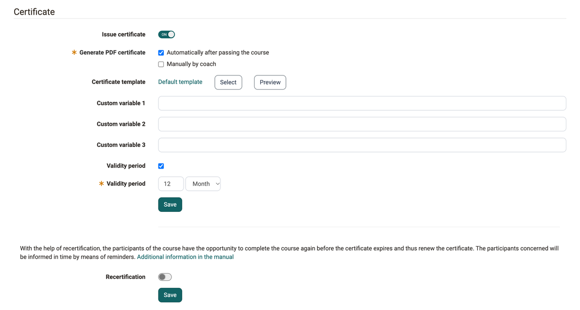 Enabled switch Issue certificate with Generate PDF certificate, certificate template, custom variables, validity period and recertification