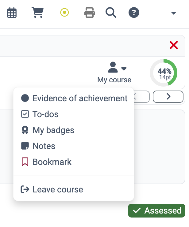 Entry Evidence of achievement in first position in the My course menu, below it To-dos, My badges, Notes and Bookmark