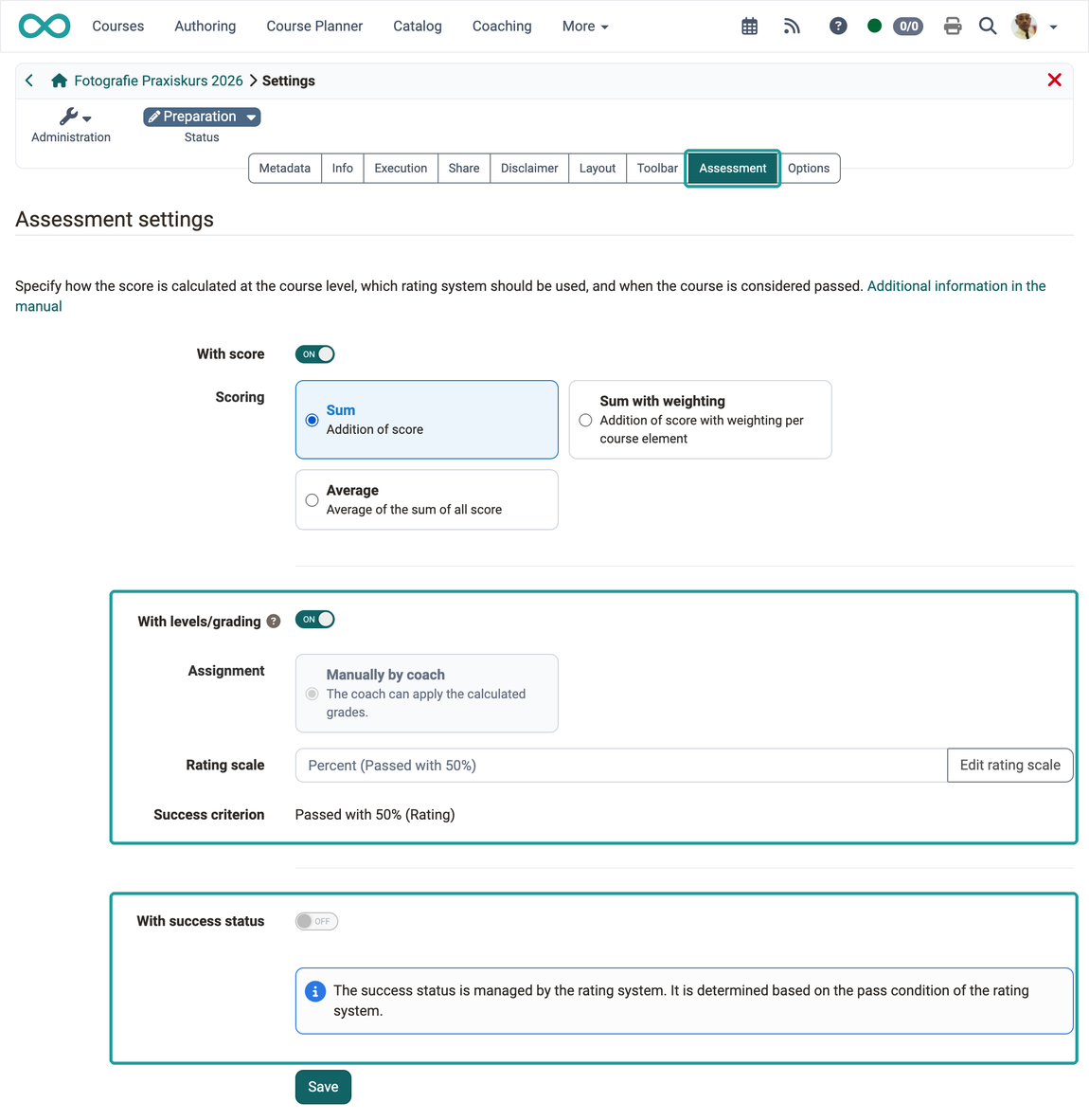 Enabled setting "With levels/grading" with assignment, rating scale and success criterion, below it the switched-off toggle "With success status" with its note