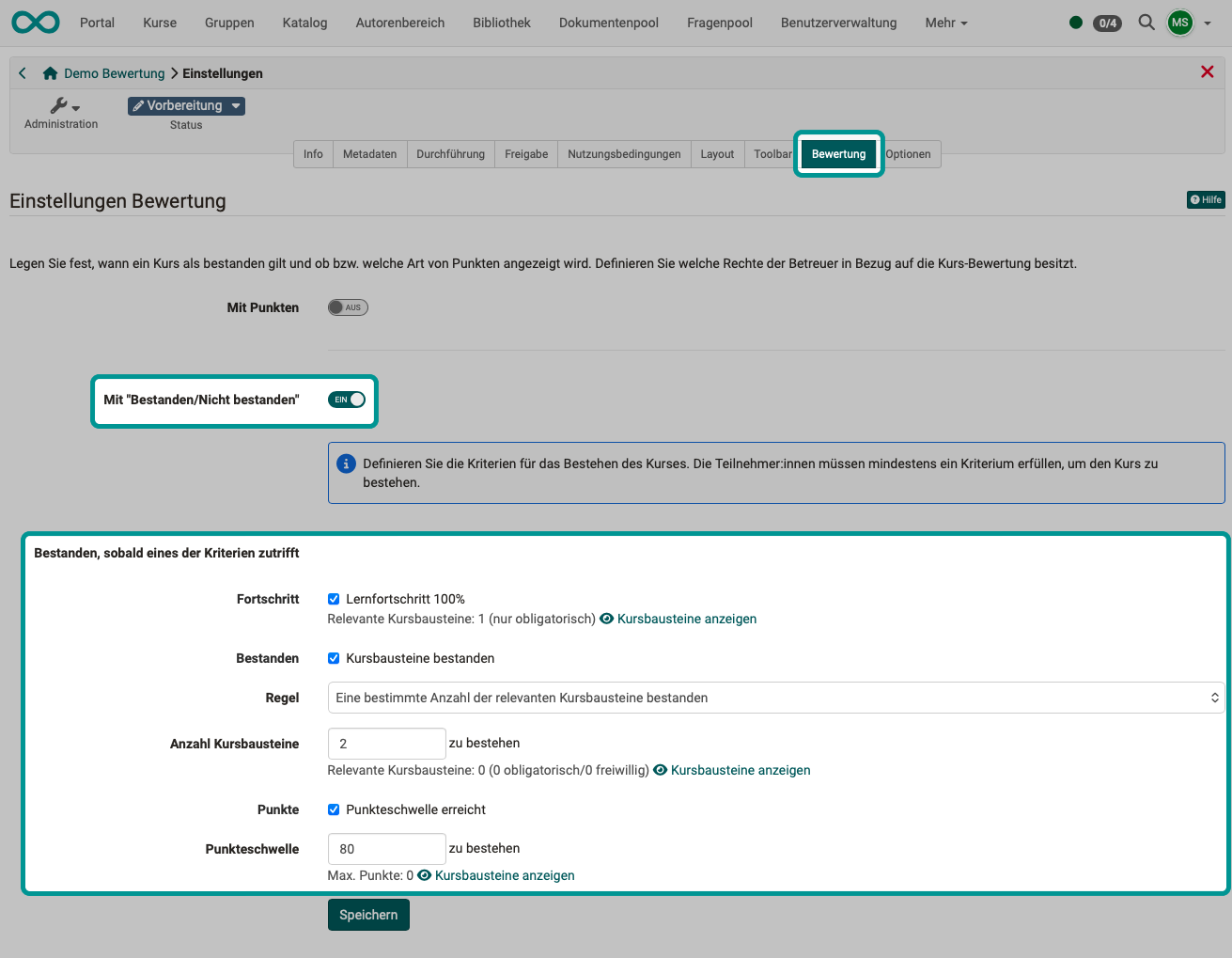 Activated pass criteria: Learning progress 100%, course elements passed with the rule "Number of course elements passed" and point threshold reached
