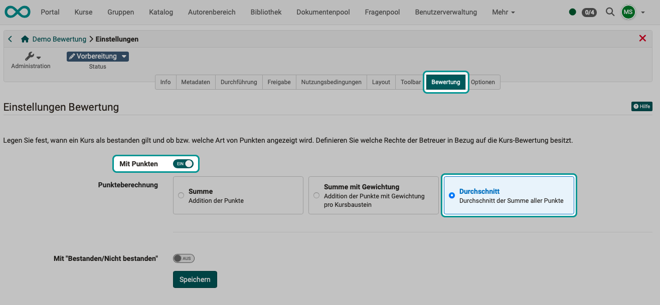 Points calculation setting with the Average option selected