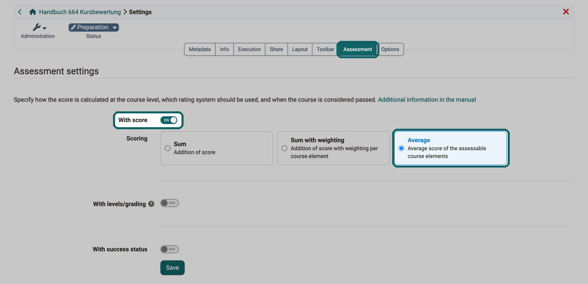 Selected option Average under Scoring with the With score toggle switched on