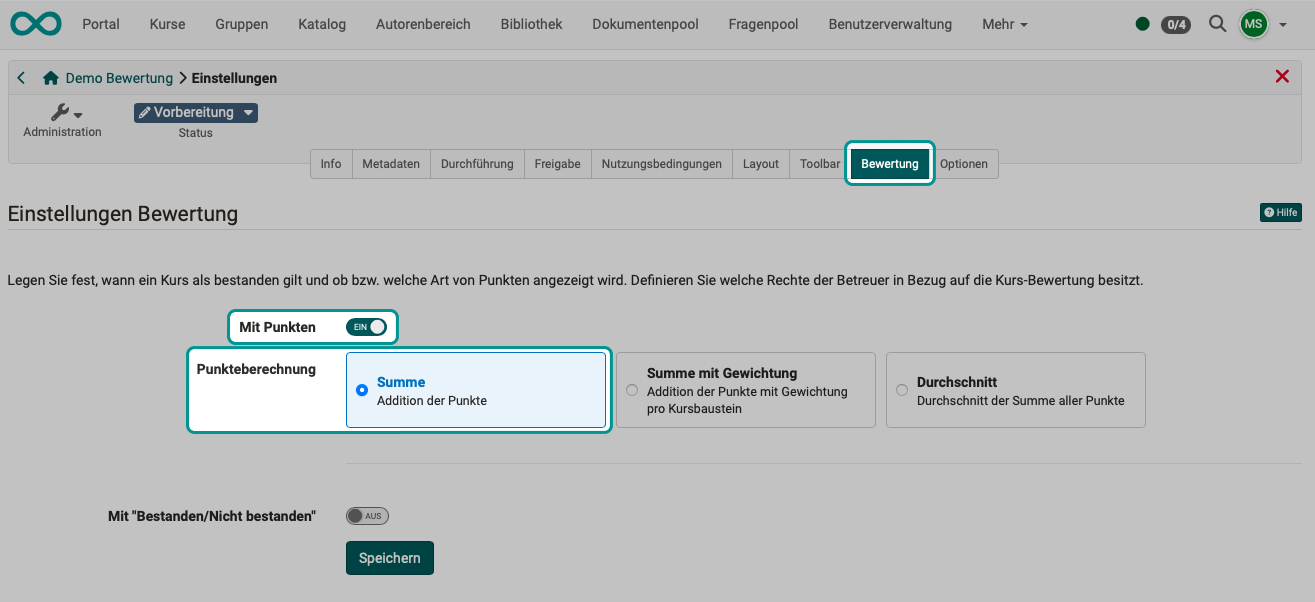 Points calculation setting with the Sum option selected