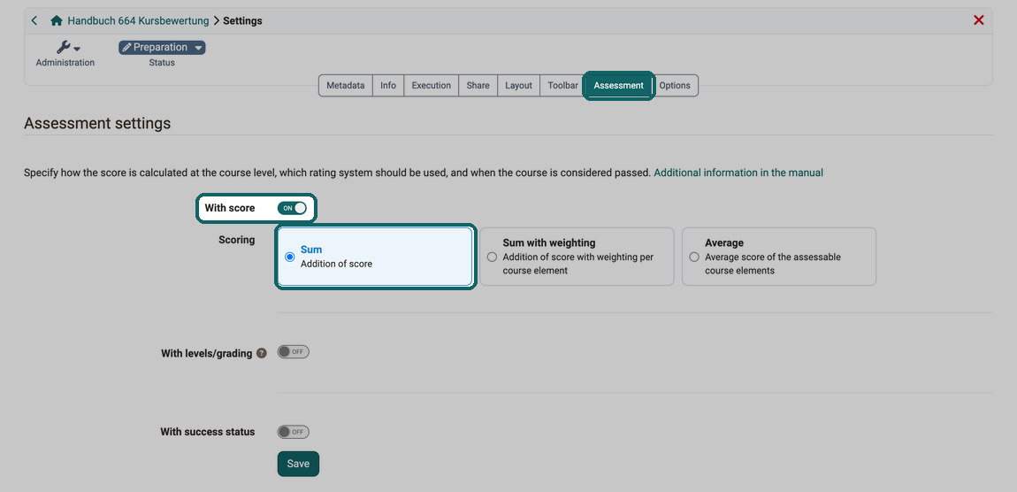 Selected option Sum under Scoring with the With score toggle switched on