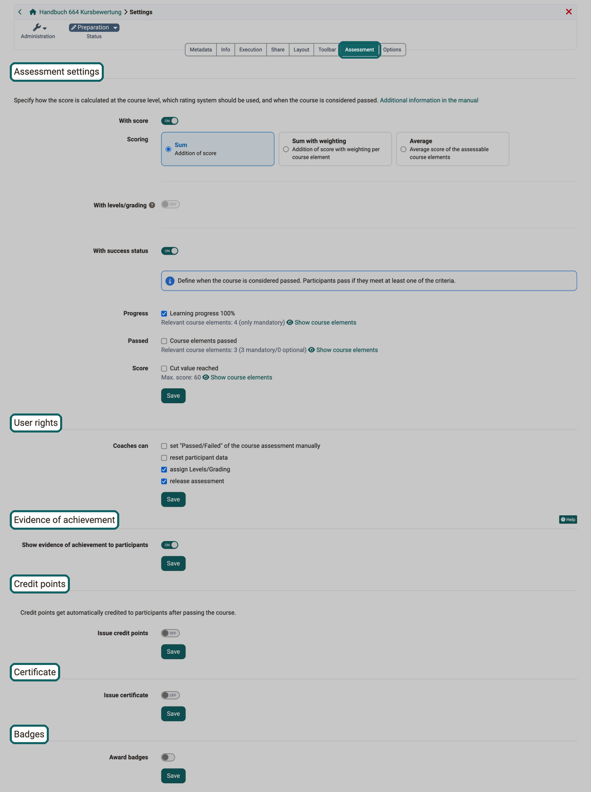 Assessment tab with six highlighted section titles from Assessment settings to Badges, with score, success status and evidence of achievement switched on