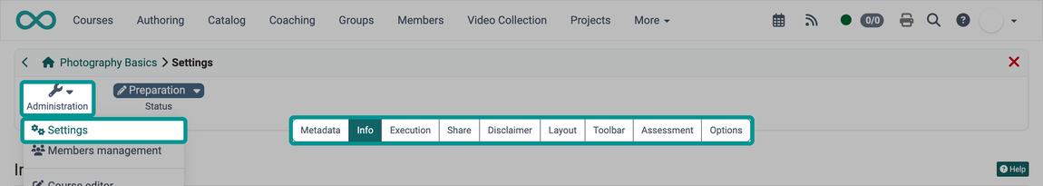 Course settings opened via the Settings entry in the Administration menu, with one tab per settings area