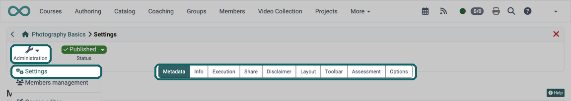 Course settings opened via the Settings entry in the Administration menu, with one tab per settings area