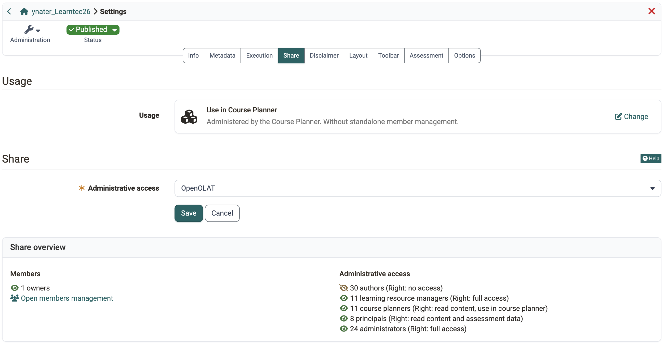 With Use in Course Planner only the administrative access remains, and the share overview counts the owners alone
