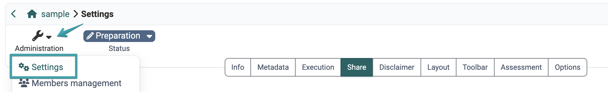 Via the Administration tool menu and the Settings entry you reach the settings tabs, among them the Share tab