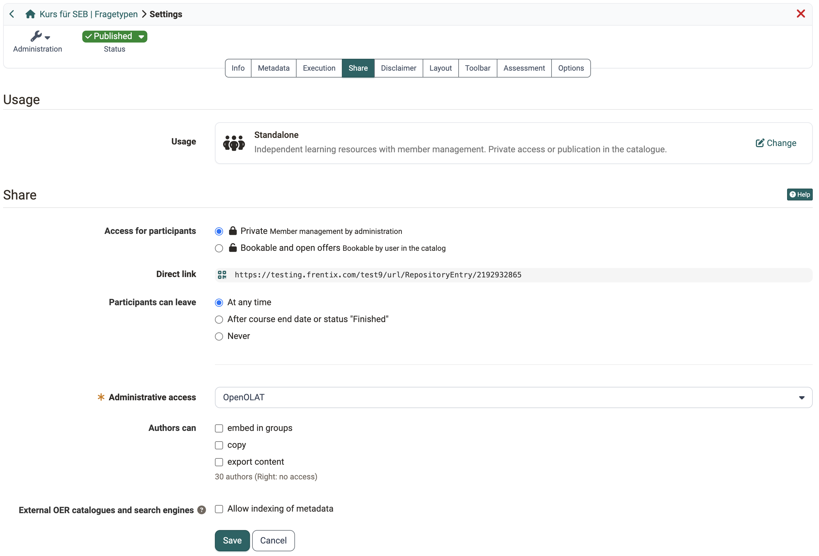 Access Private, direct link, three leaving options with At any time selected, and the rights for authors, in the Share section