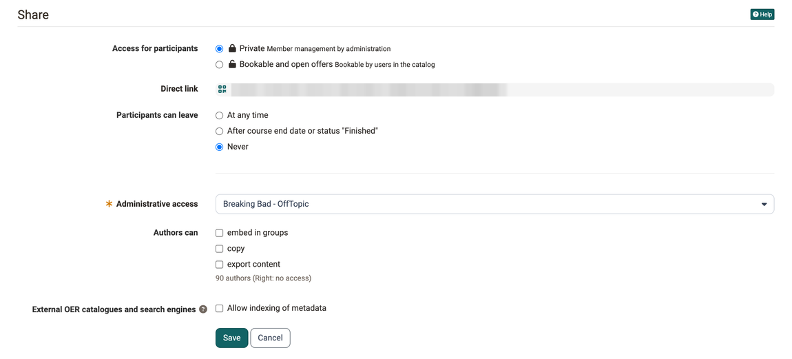 Share section in the Share tab · 2026.10.09 All settings of a standalone course at a glance: access Private, direct link, leaving with the option Never, administrative access and the rights for authors