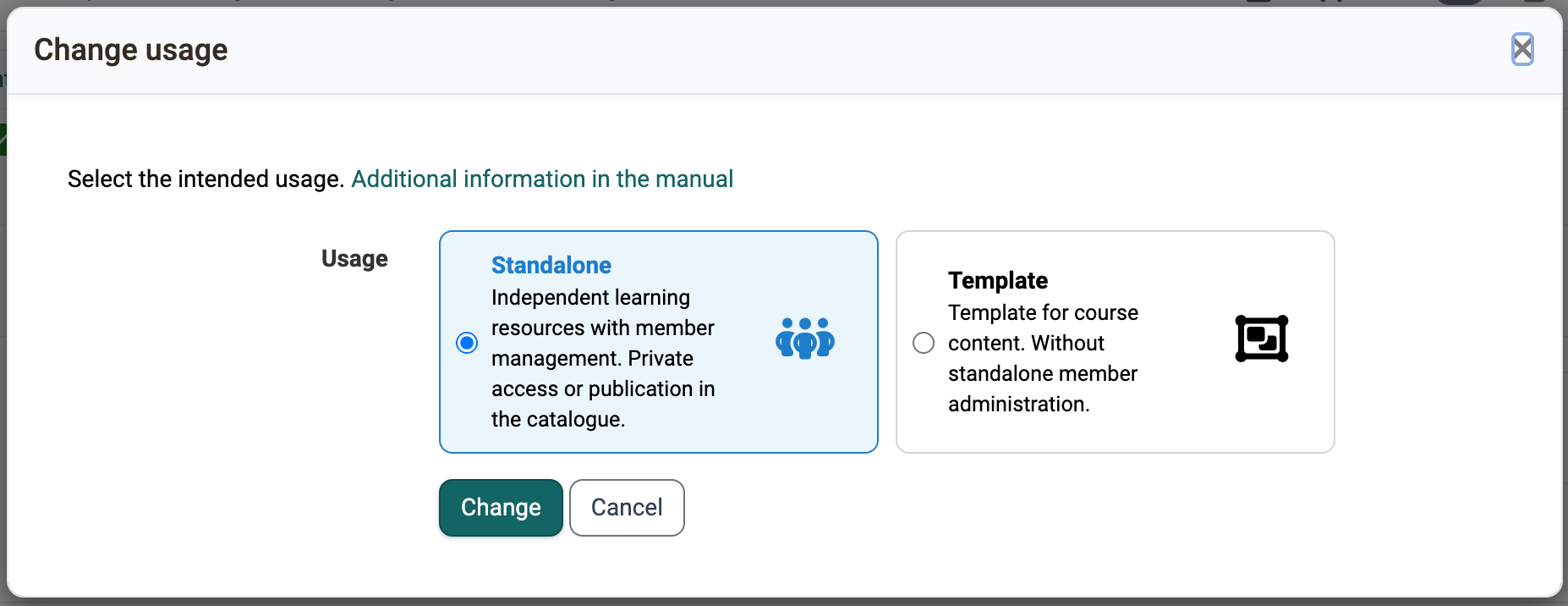 Switch to Standalone or Template, the current usage is missing from the selection, in the Change usage dialog
