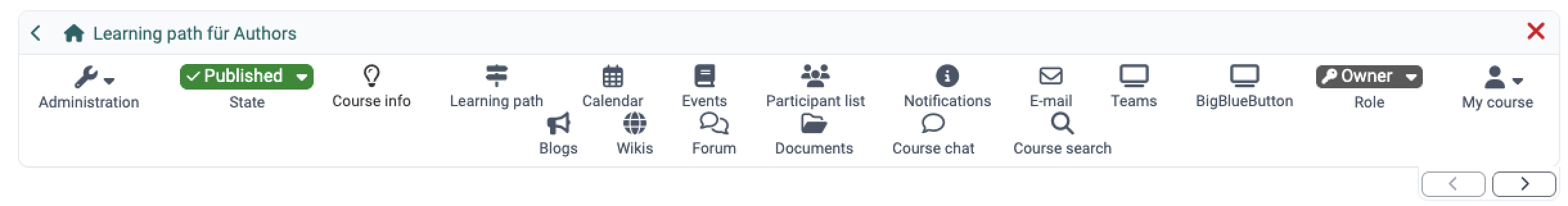 Administration, State, Role and My course frame the activated tools, which appear with icon and label and wrap onto a second row. Toolbar of a course.