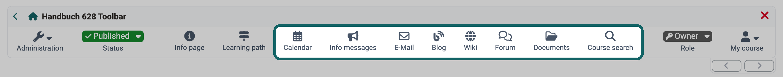 Activated tools Calendar, Info messages, E-Mail, Blog, Wiki, Forum, Documents and Course search highlighted in the toolbar, each with icon and label
