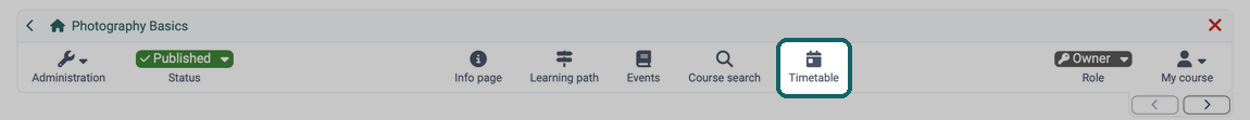 External course tool Timetable with a calendar icon highlighted to the right of Course search