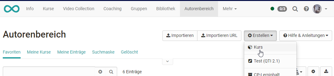 Entry Course in the opened Create menu, top right in the Authoring area