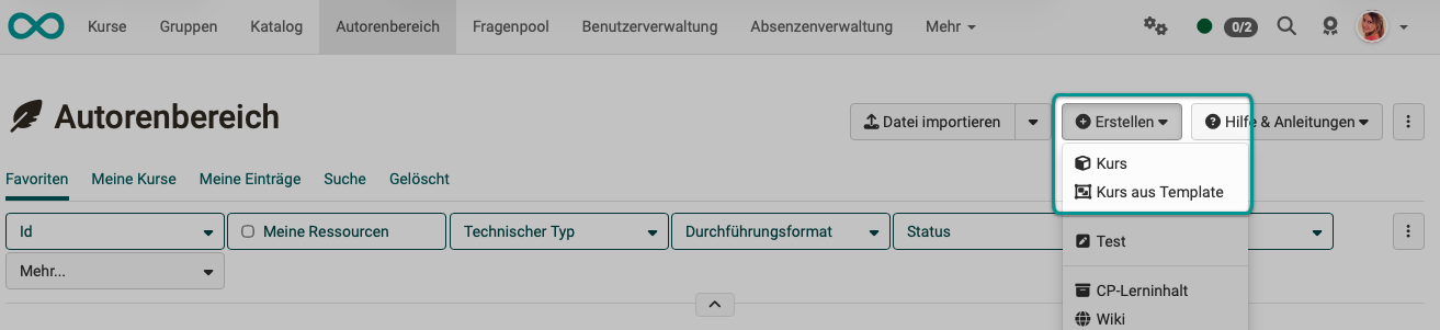 Starting point for creating a course: button Create in the Authoring area, opened with the entries Course and Course from template