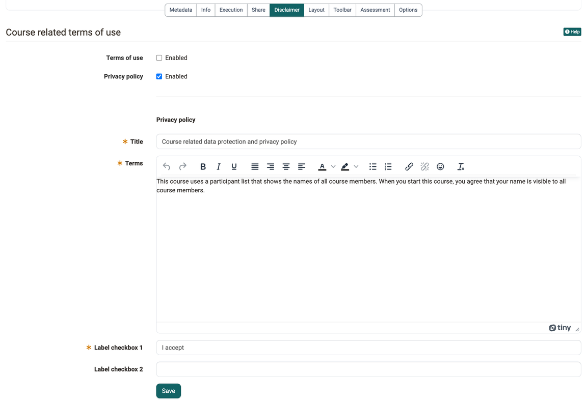Terms of use and privacy policy can be switched on separately, each with a title, conditions and up to two checkbox labels, in the Disclaimer tab