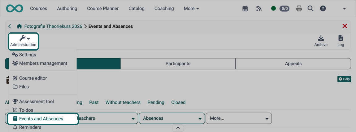The menu entry "Events and Absences" opens the event and absence management for course owners