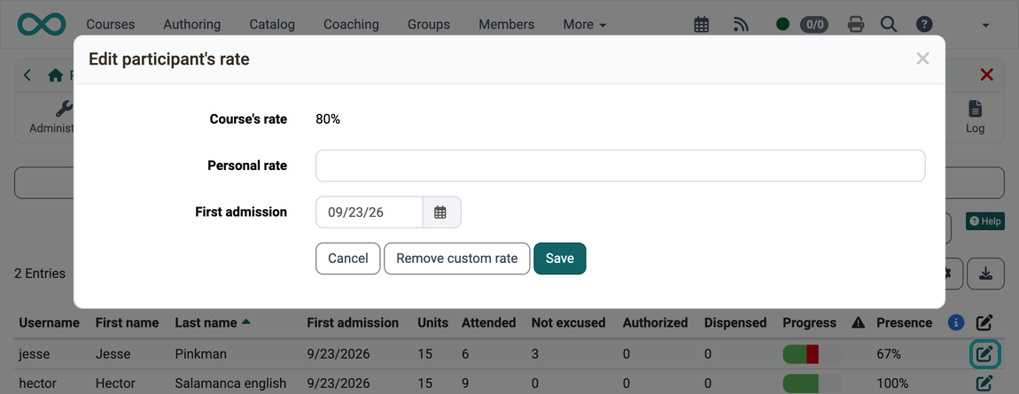 In the "Edit participant's rate" dialog, the personal rate and the first admission of a person are adjusted; the course's rate is displayed