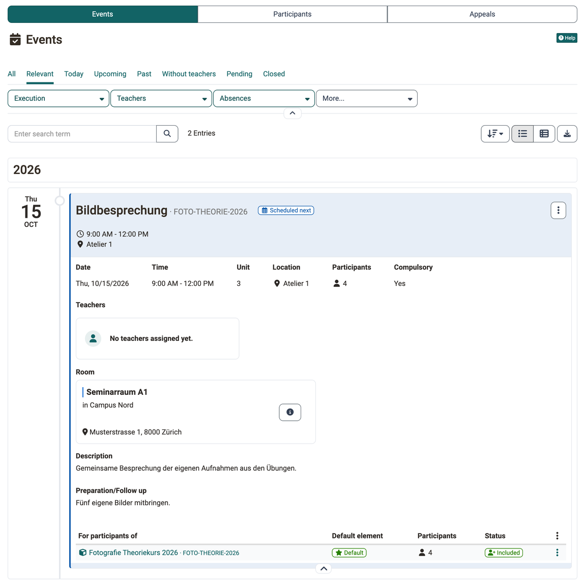 Expanded event with date, time, location, compulsory presence, room card, description, preparation and at the bottom the table of who the event is for