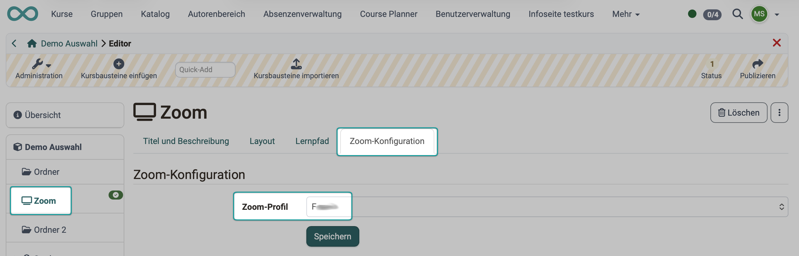 Configure course element Zoom