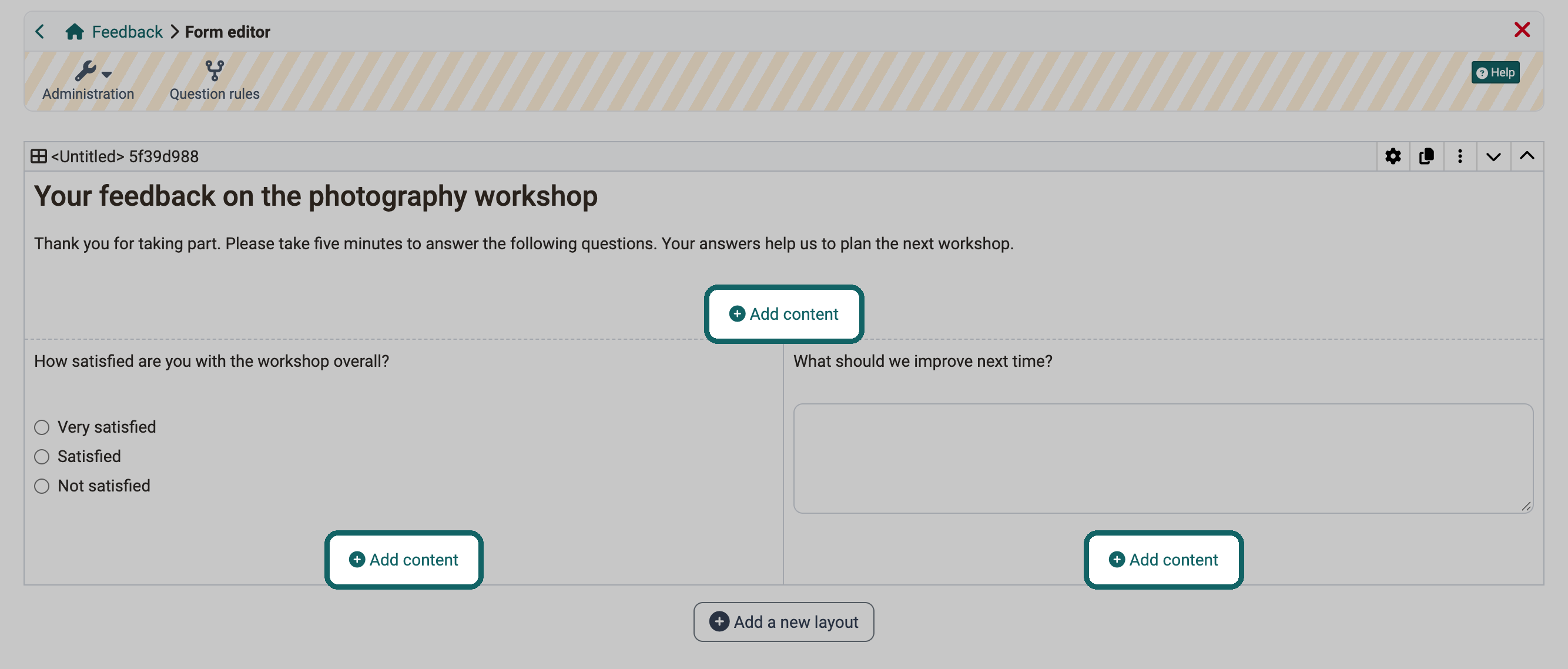 Layout with three areas that already contain a title, text and questions, the button Add content highlighted in each area
