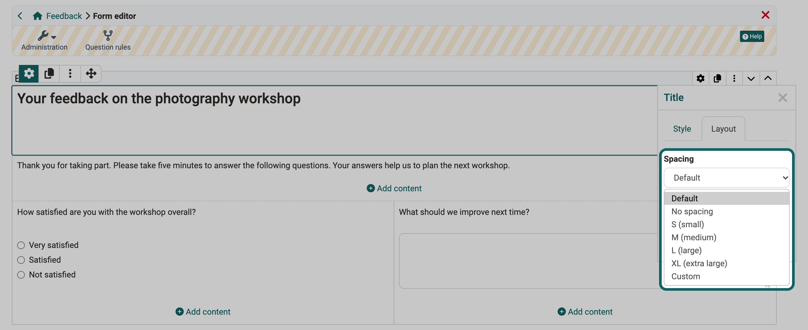 Drop-down Spacing with Default, No spacing, S to XL and Custom