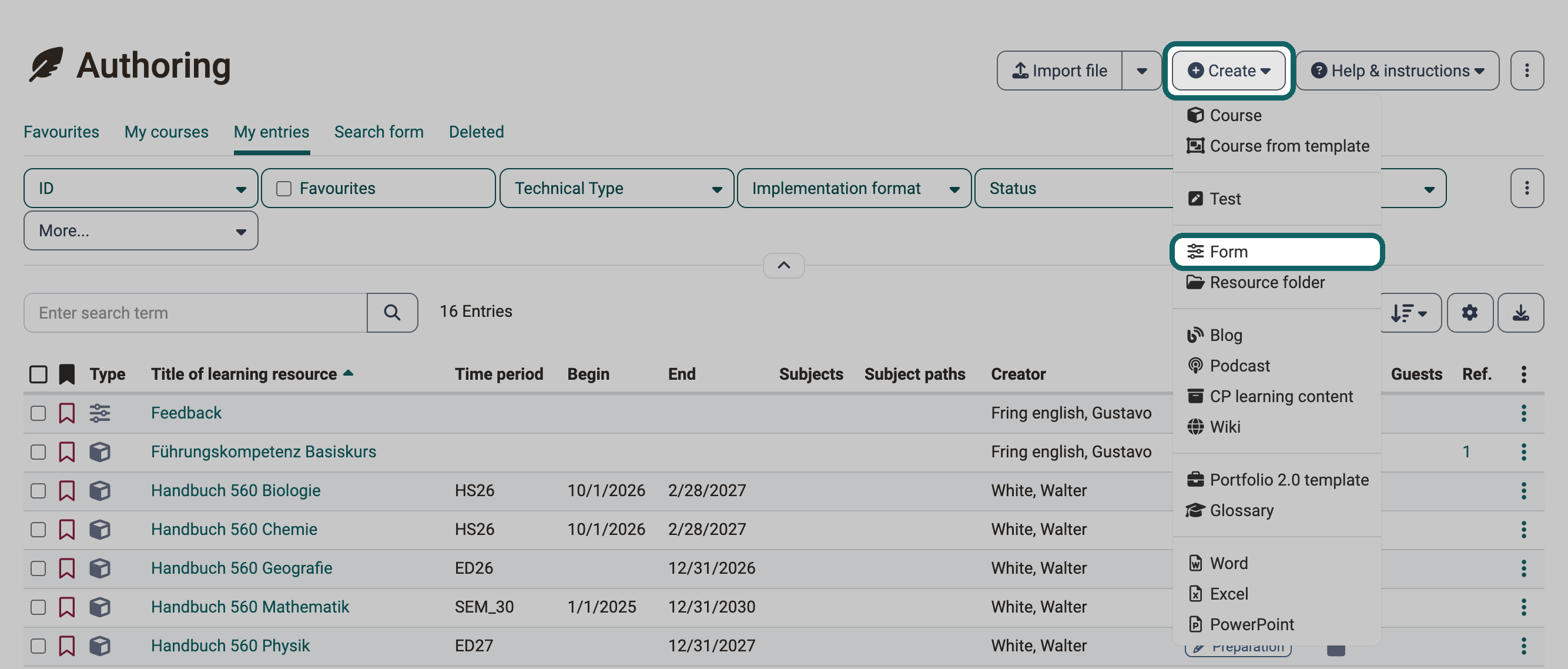 Menu Create expanded, highlighted are the button Create and the entry Form below Course, Course from template and Test, followed by Resource folder and the other learning resource types