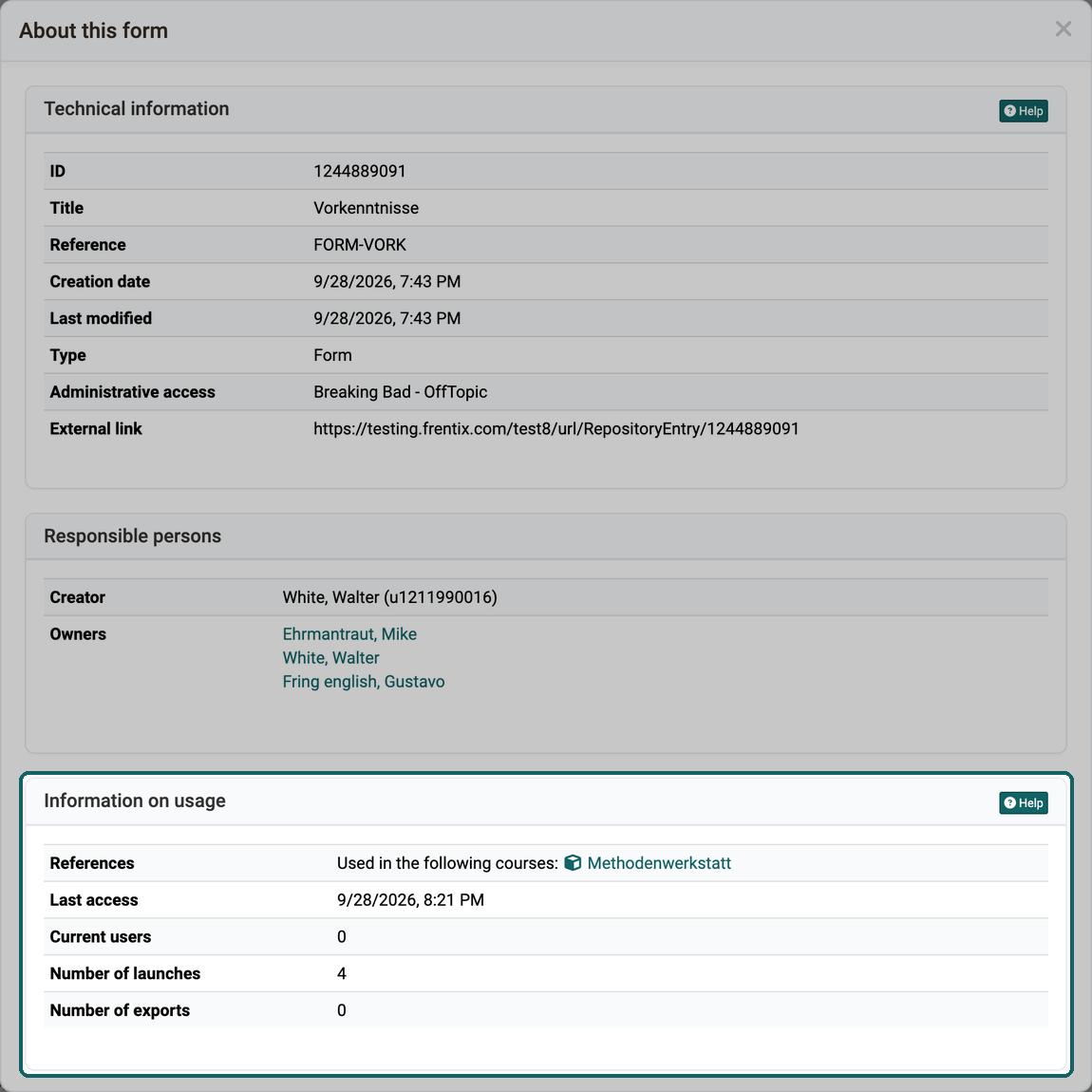 A form is embedded in the course Methodenwerkstatt, below it last access, current users, number of launches and number of exports