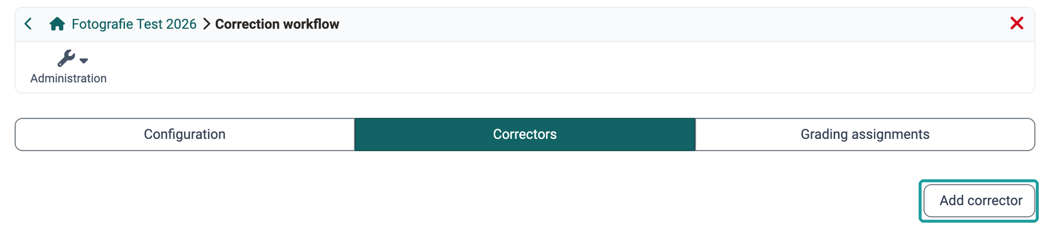 Tab "Correctors" in the Correction workflow menu with the tabs "Configuration" and "Grading assignments" and the "Add corrector" button.