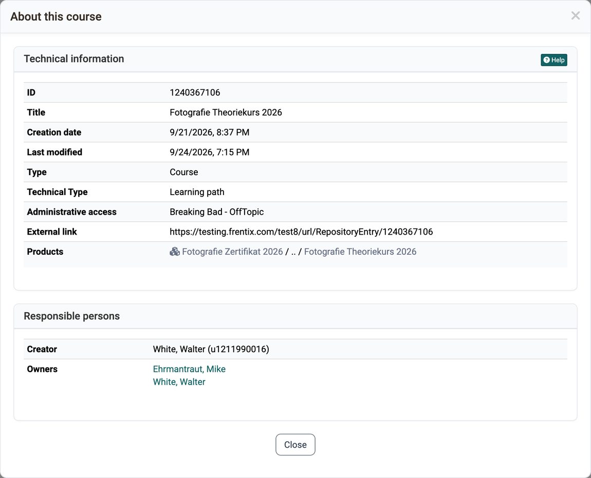 Details OpenOlat keeps on a course: ID, title, creation and modification date, course type learning path, external link, product, creator and two owners