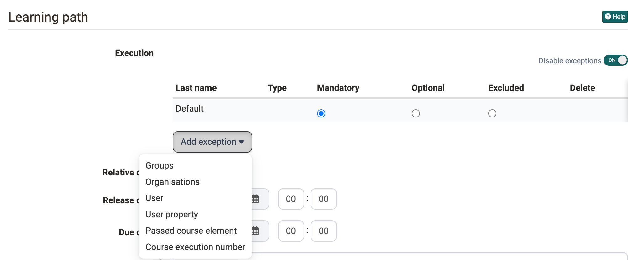 Button Add exception, expanded with the types Groups, Organisations, Users, User property, Course element passed and Course execution number, tab Learning path in the course editor