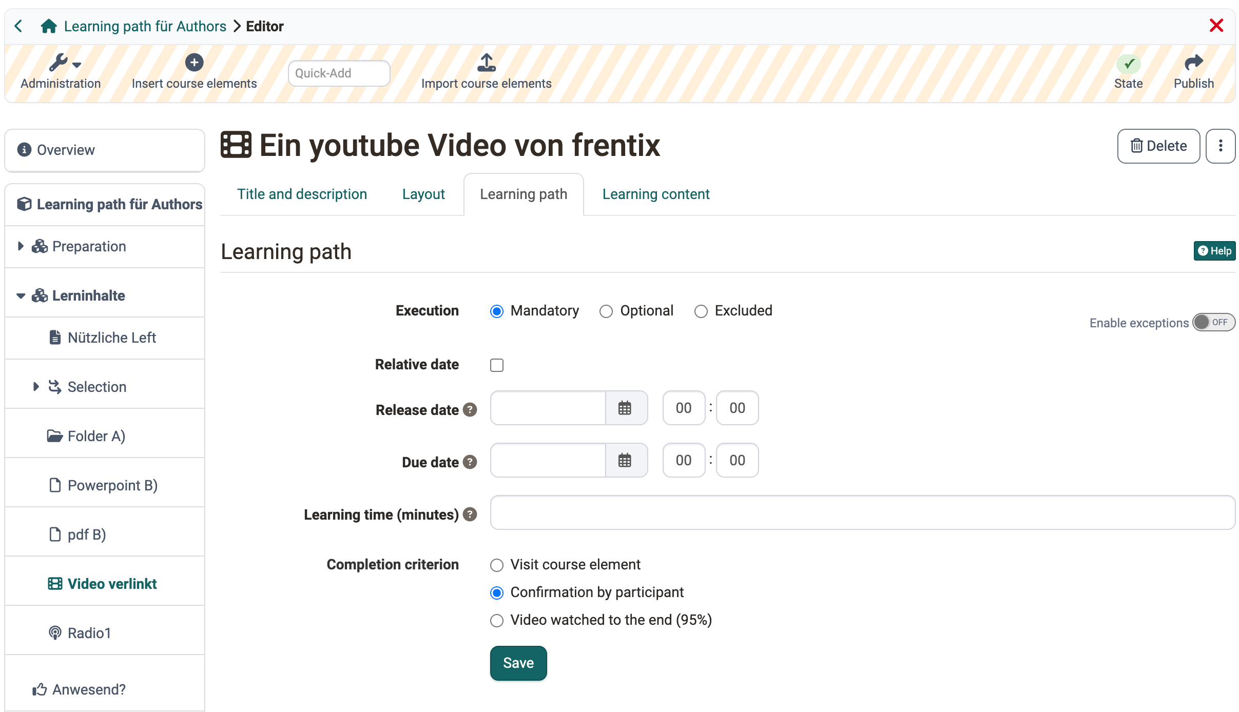 Tab Learning path of a course element with Execution, Relative dates, Release date, Due date, Learning time in minutes and Completion criterion