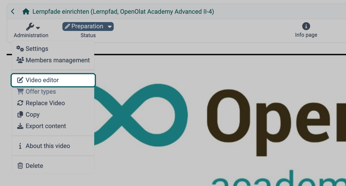Administration menu of a video learning resource · 2026.09.28 Entry Video editor highlighted in the expanded Administration menu