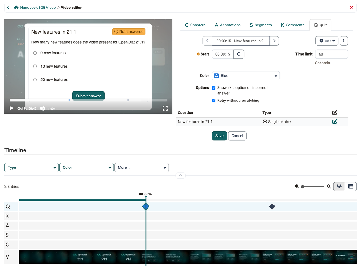 Preview with a quiz question at the top left, configuration area with the tabs Chapters to Quiz at the top right and timeline with one track per element type at the bottom