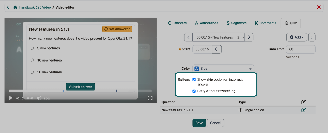 Configuration of a quiz question with start, time limit and color, the two selected options highlighted, below the table with question and type