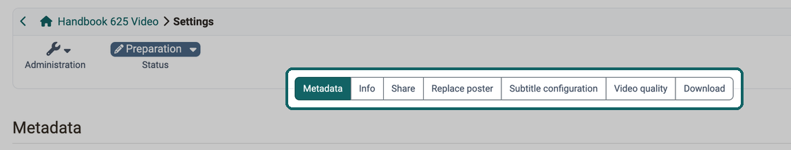 Tab bar of the settings highlighted, seven tabs from "Metadata" to "Download", including "Subtitle configuration" and "Video quality"