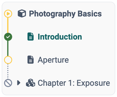 Course menu with path and icons: status symbols on a line on the left, the symbol of the course element in front of each title