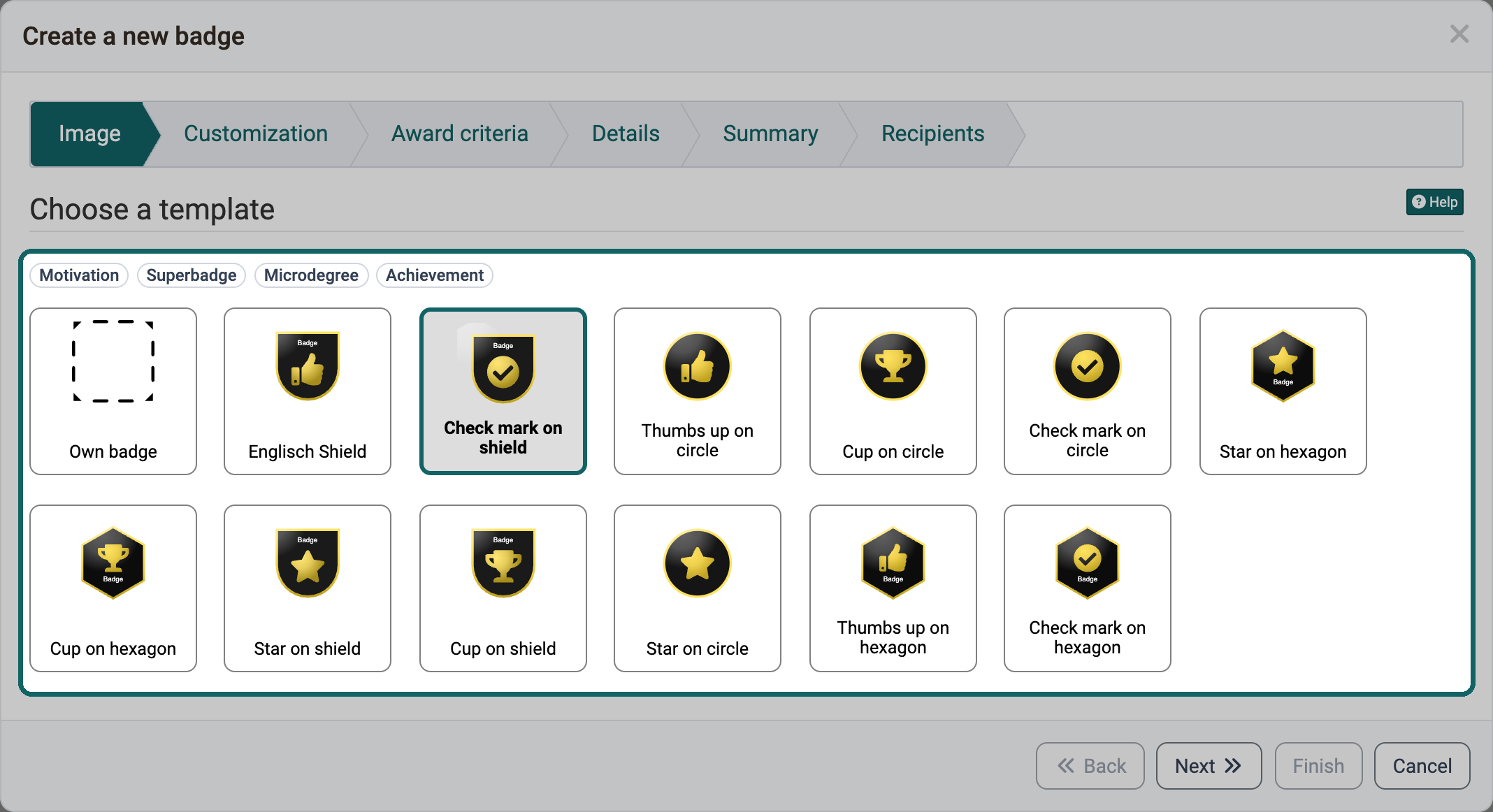Step Image in the wizard for course badges · 2026.10.22 Categories above the templates, Own badge in first place for your own image, the template Check mark on shield is selected