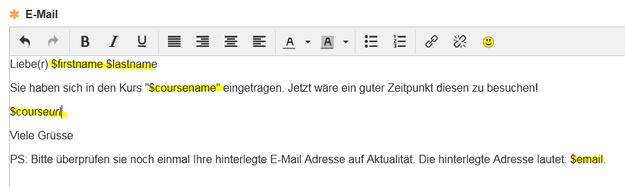 Example text of a reminder e-mail with inserted variables such as $firstname and $courseurl