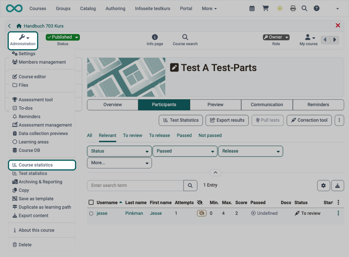 Course statistics menu item marked in the open Administration menu of a course