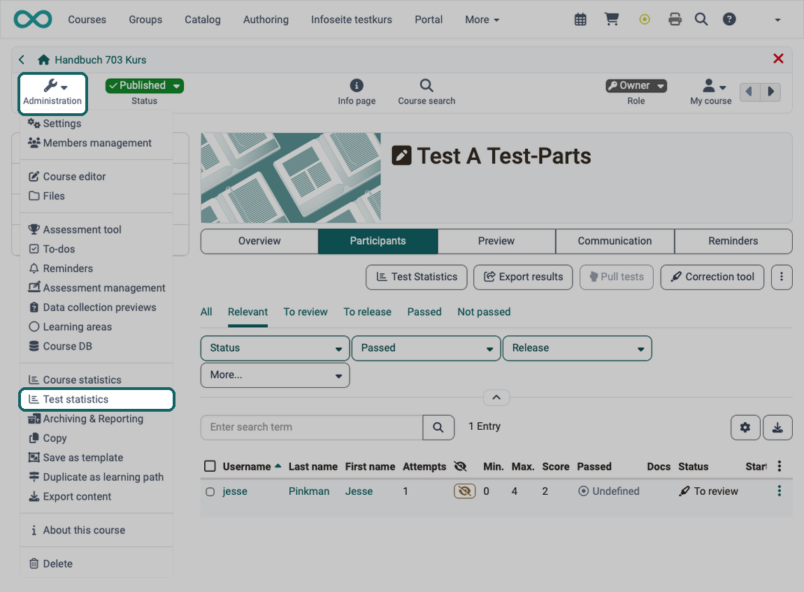 Test statistics menu item marked in the open Administration menu of a course