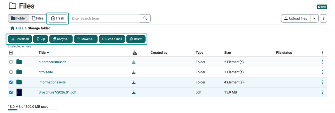 Files and folders in table view, trash and actions for selected entries such as Zip or Send e-mail, used space below, storage folder of a course