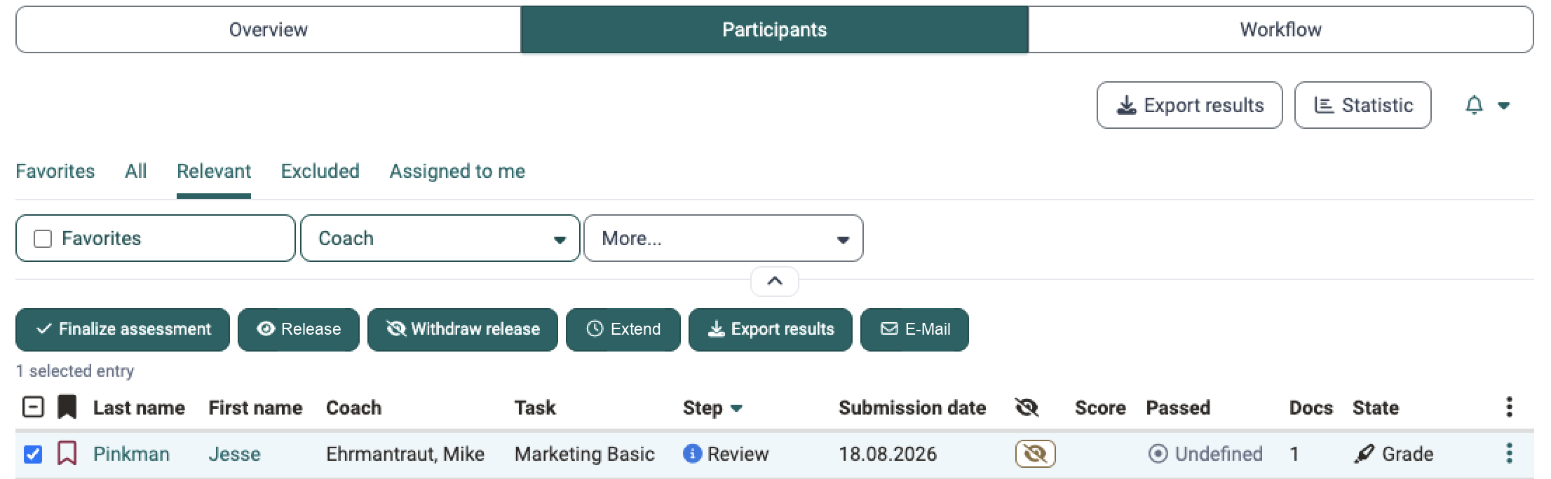 After a row is selected, a bar with six actions for the selected people appears above the list: "Finalize assessment", "Release", "Withdraw release", "Extend", "Export results" and "E-Mail": tab Participants of the coach view in the course