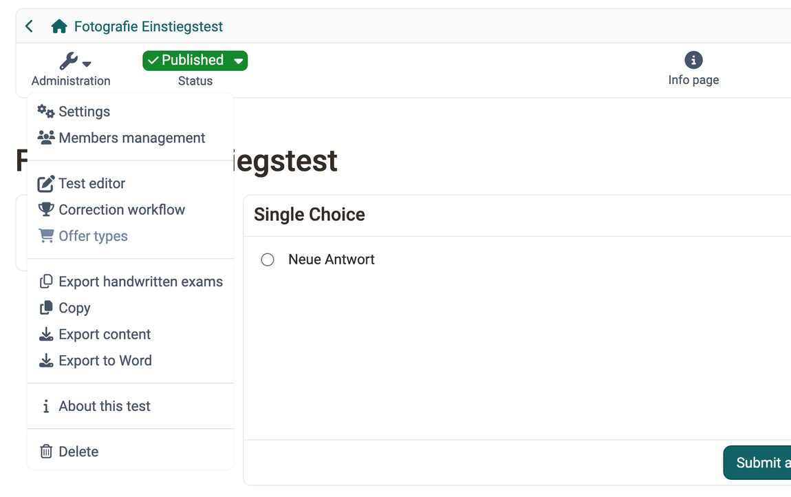 Administration menu with eleven entries from "Settings" to "Delete", including "Test editor", with "Offer types" greyed out