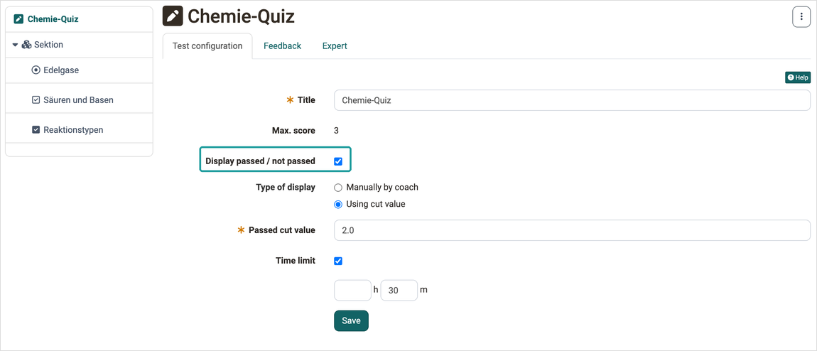 Display passed / not passed with cut value and time limit
