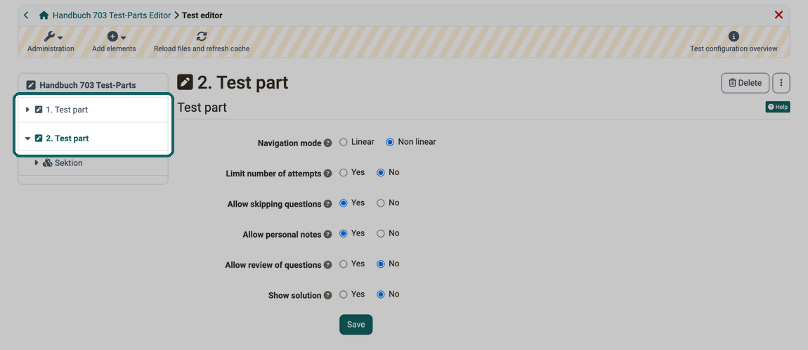 Two test parts in the menu of the test editor, on the right the Test part form of the second test part with navigation mode and the settings of the Expert tab