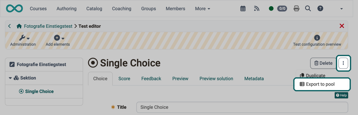 Menu with three dots at the top right of the question with the entry Export to pool marked
