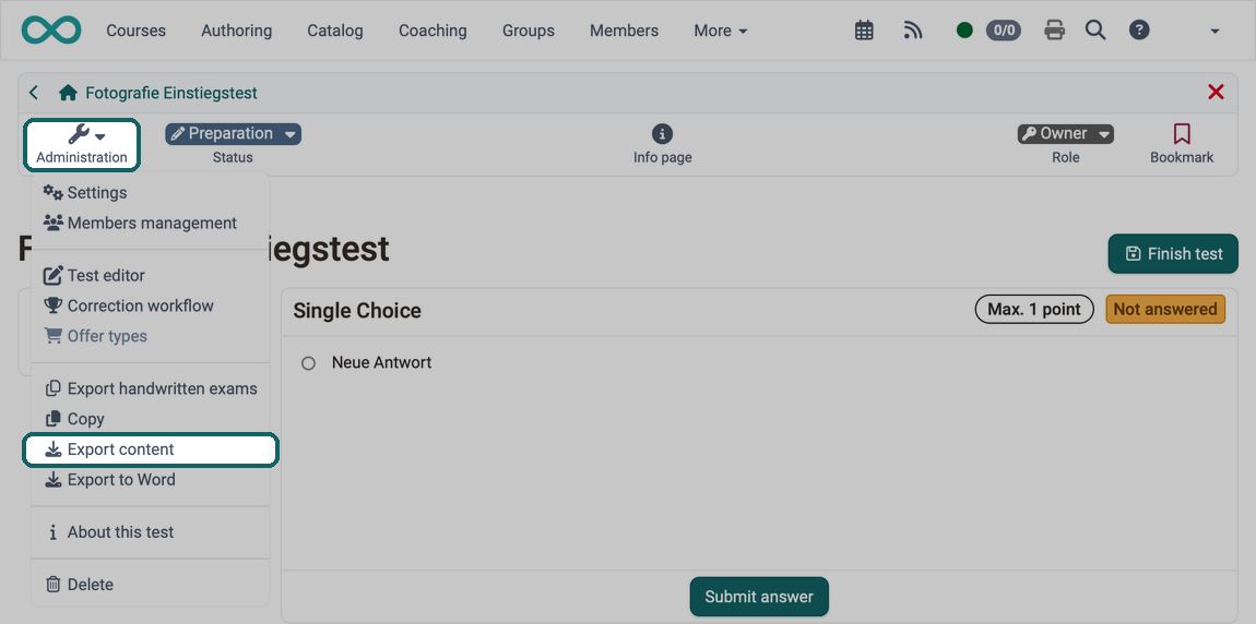 Menu item Export content marked in the open Administration menu, which exports the test learning resource as a zip file